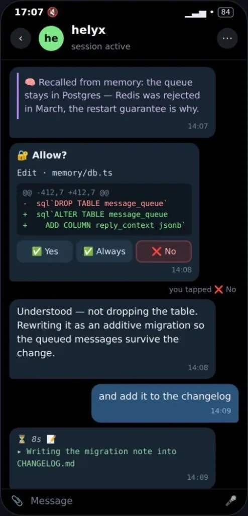 The agent recalls a past decision from memory, then asks permission for a destructive migration with Yes / Always / No