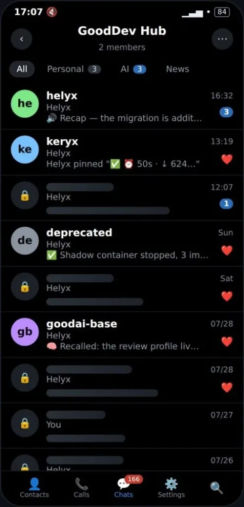 A Telegram forum group where each project — helyx, keryx, goodai-base — is its own topic