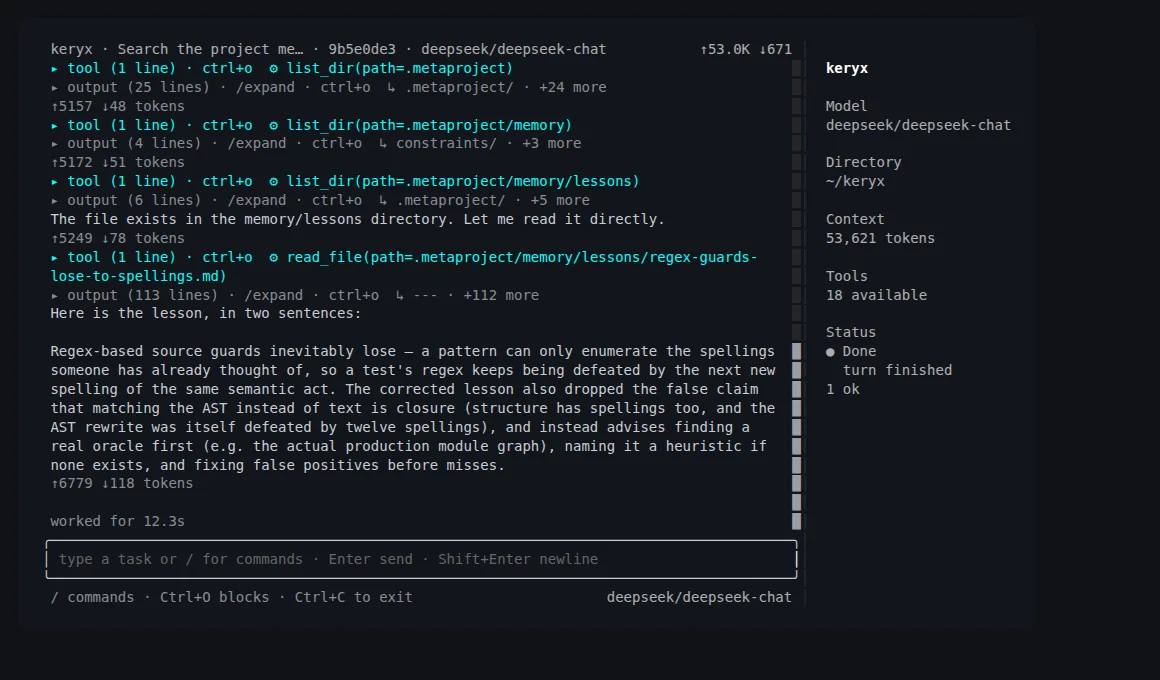 The same keryx shell running the same tools against a different provider